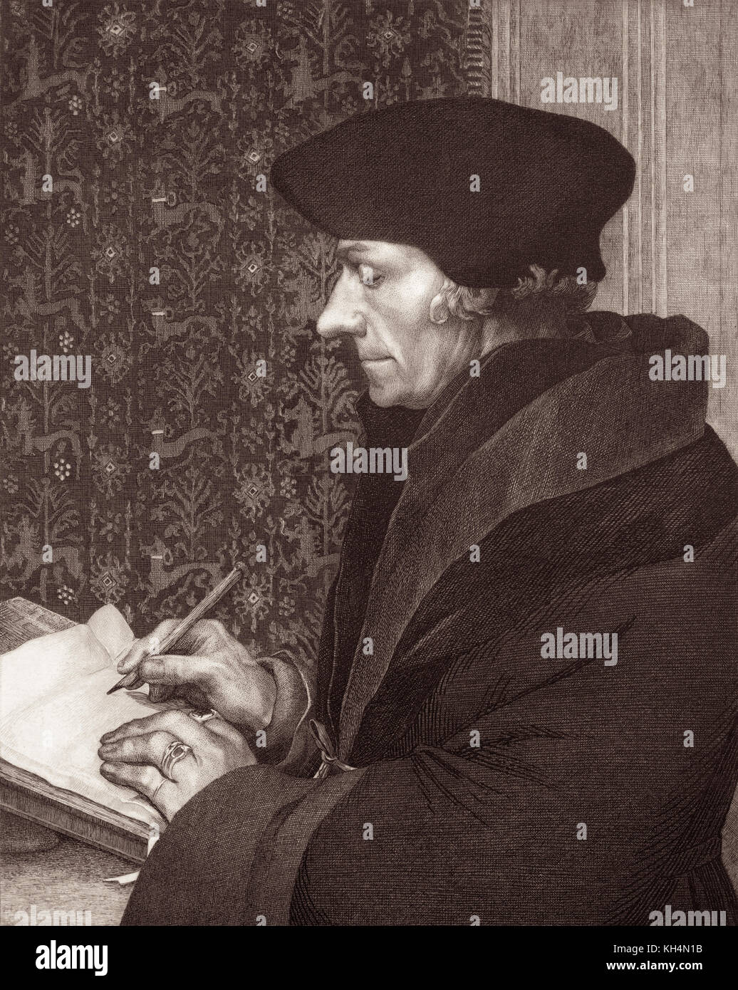 Desiderius Erasmus Roterodamus (1466-1536), usually referred to as Erasmus of Rotterdam or simply Erasmus, in an 1863 etching by Félix Bracquemond based on a painting by Hans Holbein (1497-1543). Stock Photo