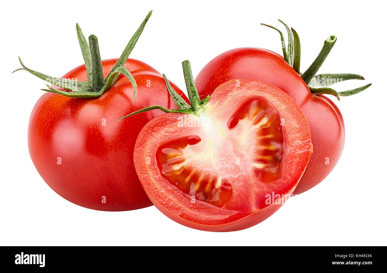 Two fresh red tomato and one cut in half with green leaves isolated on white background Clipping Path. Full depth of field. Stock Photo