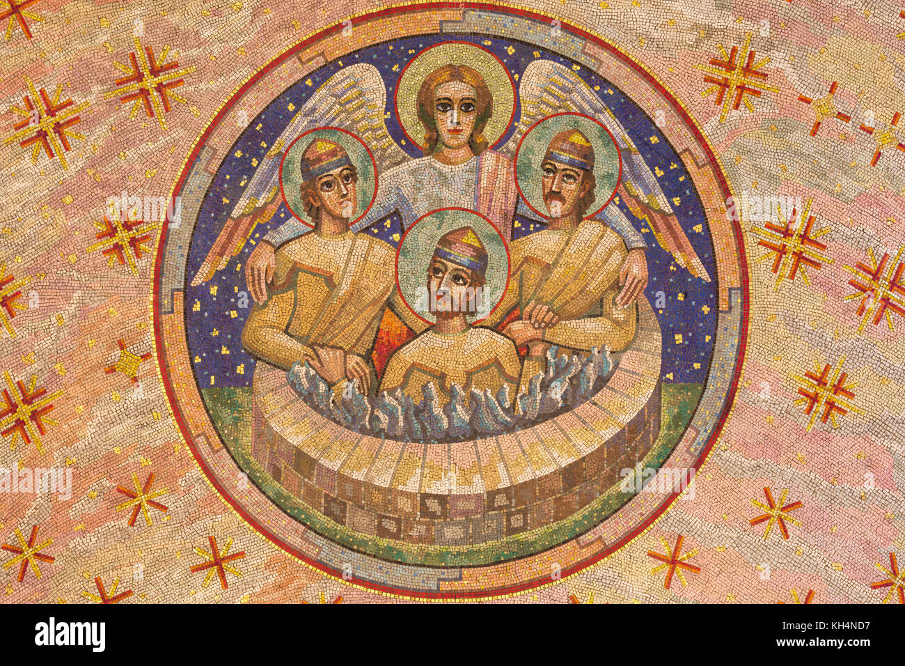 LONDON, GREAT BRITAIN - SEPTEMBER 17, 2017: Mosaic of Shadrach, Meshach, and Abednego in a fiery furnace in Westminster cathedral. Stock Photo