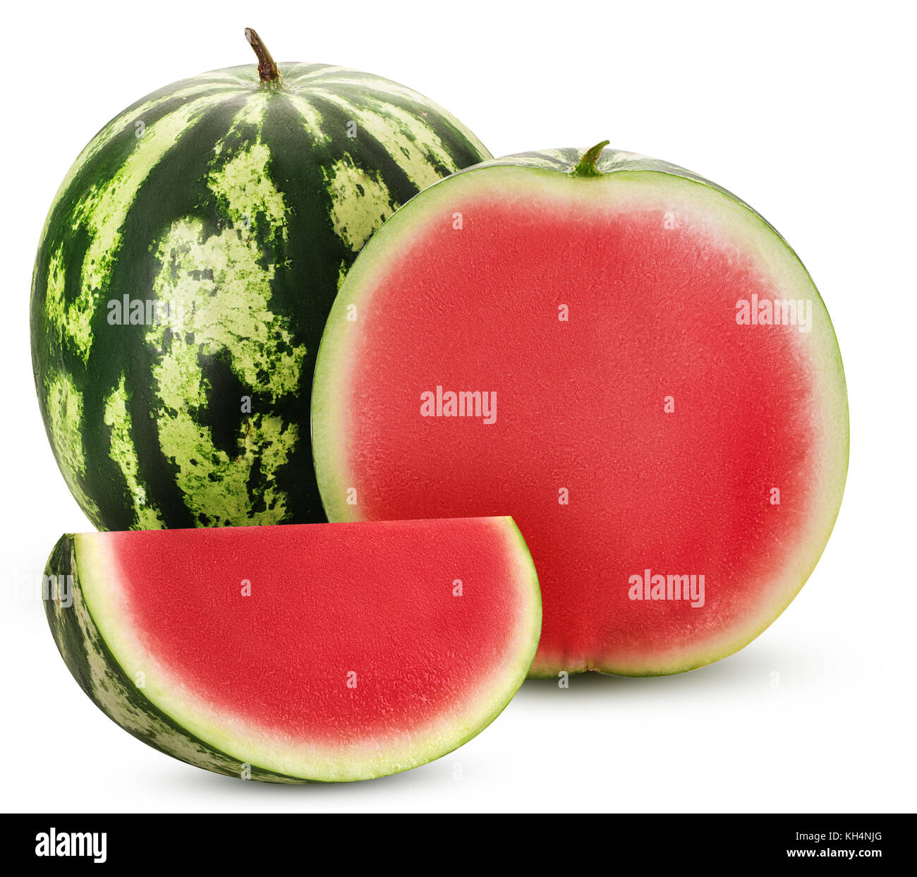 Ripe watermelon cut in half and slice isolated on white background ...