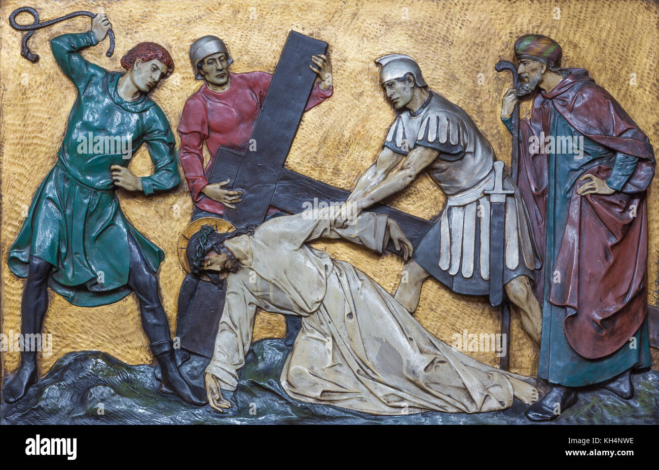 LONDON, GREAT BRITAIN - SEPTEMBER 17, 2017: The relief Jesus fall under cross  in church St. Marys Pimlico by unknown artisto from begin of 20. cent. Stock Photo