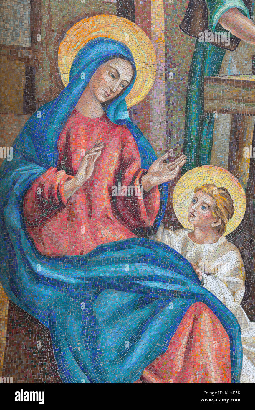 LONDON, GREAT BRITAIN - SEPTEMBER 17, 2017: The detail of Hl. Mary from  the mosaic of Holy Family in St. Peter Italian church from 20. cent. Stock Photo