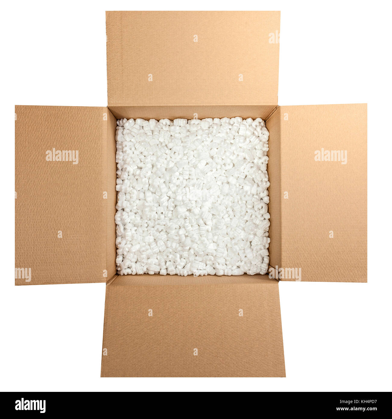 box packaging with polystyrene peanuts inside Stock Photo