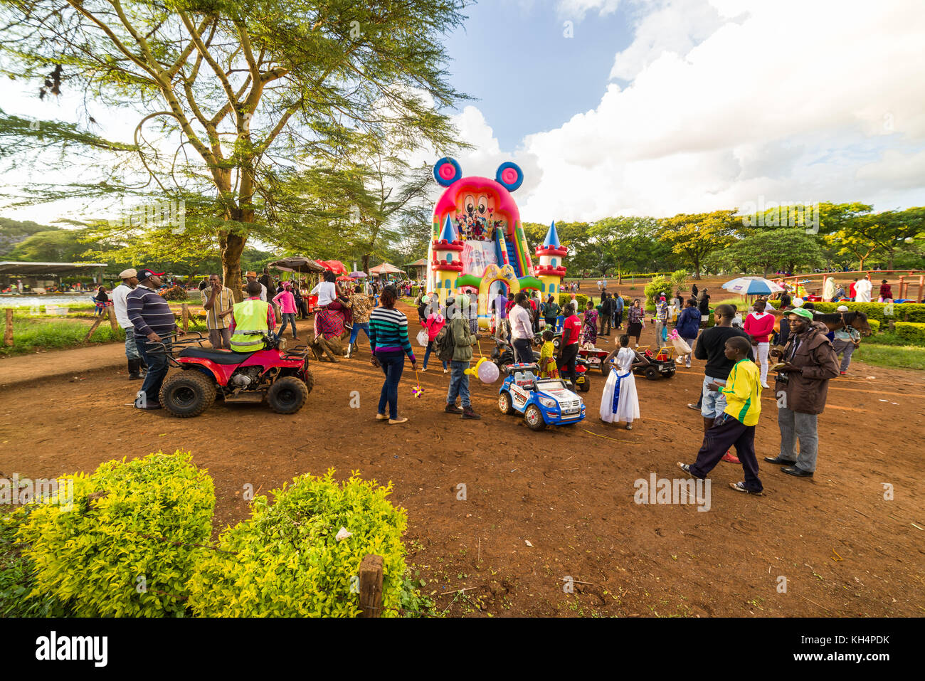 Fairground area with childrens rides in Uhuru Park, Nairobi, Kenya Stock Photo