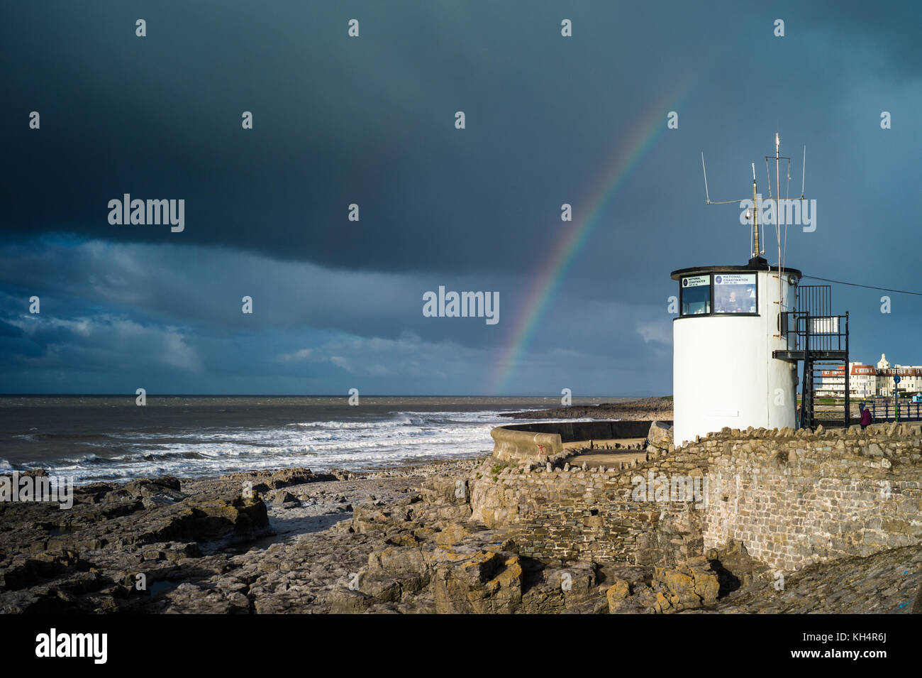 National Coastwatch tower at Porthcawl in South Wales. Coastwatch is a volountary charity keeping watch along the UK's coasts, Stock Photo
