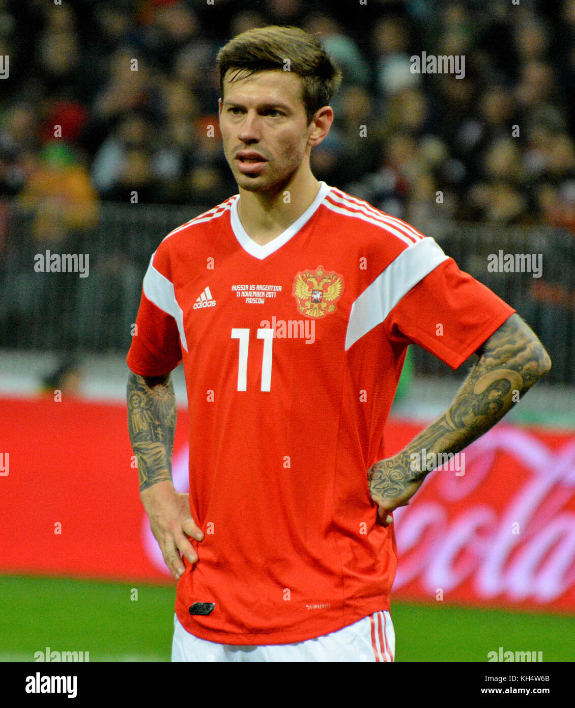 Moscow, Russia - November 11, 2017. Russian striker Fedor Smolov during international test match Argentiva vs Russia in Moscow. Stock Photo