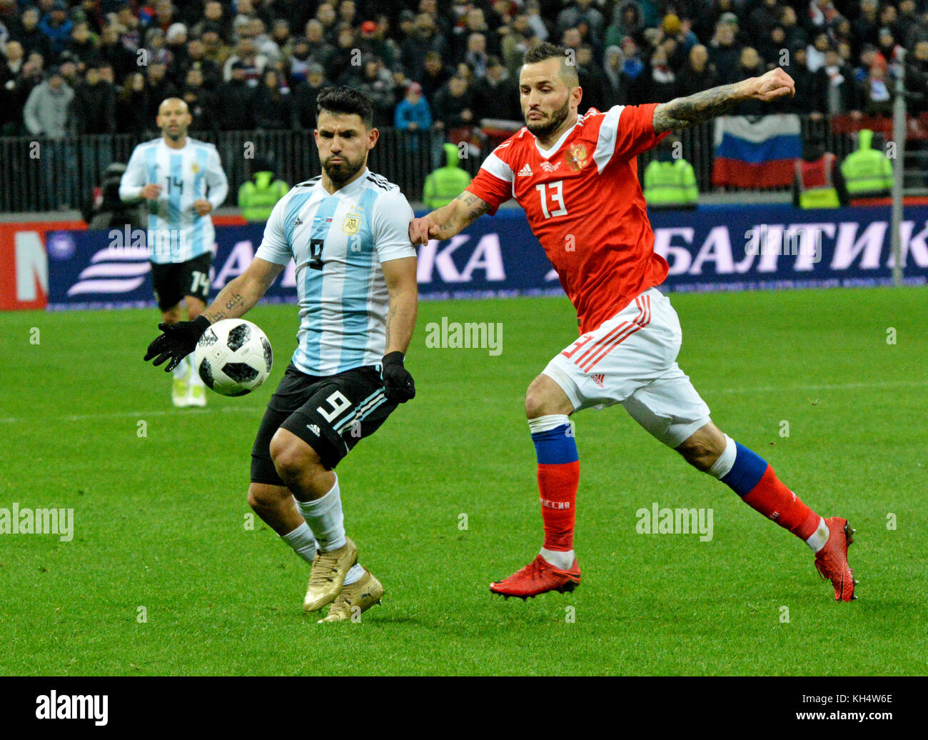 Moscow, Russia - November 11, 2017.  Russian defender Fedor Kudryashov and Argentine striker Sergio Aguero during international friendly match Russia  Stock Photo