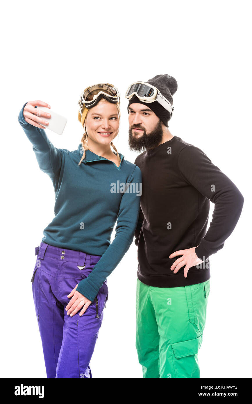 snowboarders taking selfie Stock Photo