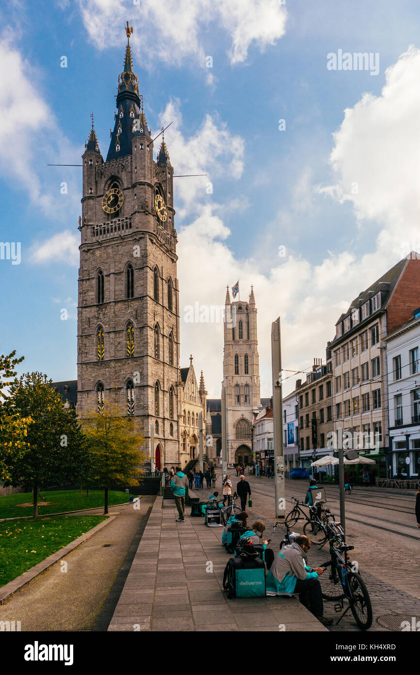 GHENT, BELGIUM - November, 2017: Architecture of Ghent city center. Ghent is medieval city and point of tourist destination in Belgium. Stock Photo