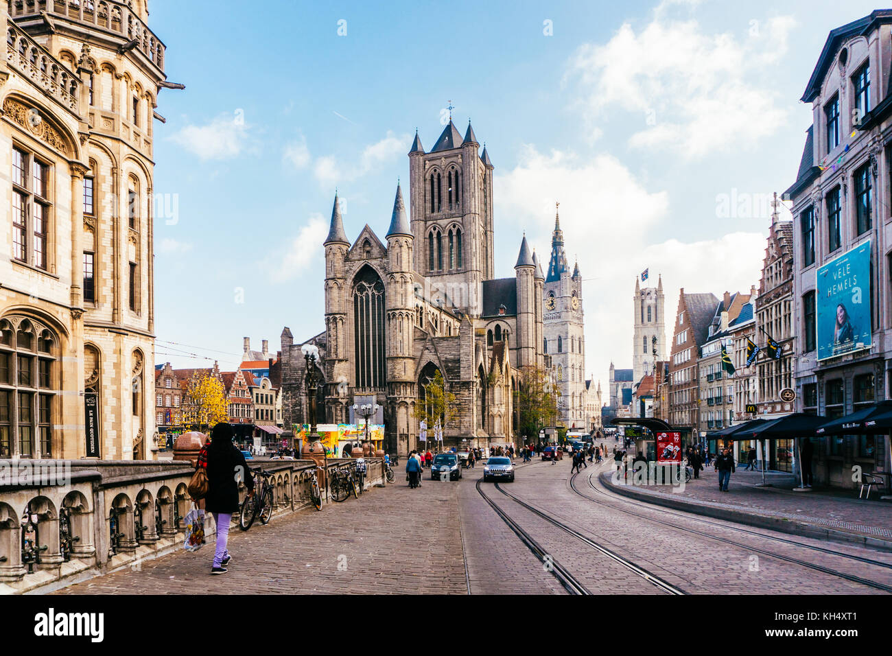 GHENT, BELGIUM - November, 2017: Architecture of Ghent city center. Ghent is medieval city and point of tourist destination in Belgium. Stock Photo