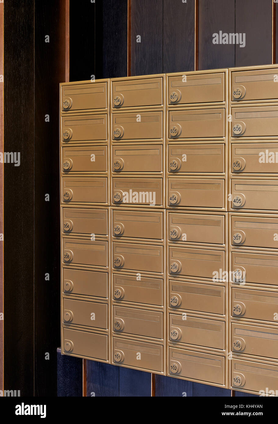 Detail shot of mailboxes. 55 Victoria Street, London, United Kingdom