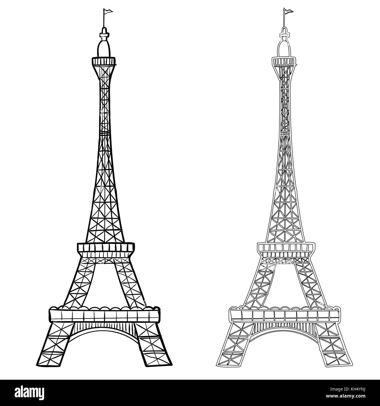 Illustration of Eiffel Tower with two styles, Hand drawing of Eifel Tower. Simple sketch style. Black contour isolated on white background. Vector Han Stock Vector