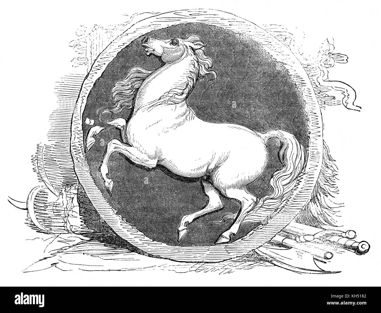 The War Standard of the White Horse: the standard was associated with the Saxons in the Dark Ages. It was also connected with Hengest and Horsa who, led the first Anglo-Saxon invaders into England in the mid-fifth century, following the end of Roman power in Britain around the year 410. The Saxons are said to have fought under a white horse standard (a claim recalled in the heraldic badge of the county of Kent). England. Stock Photo