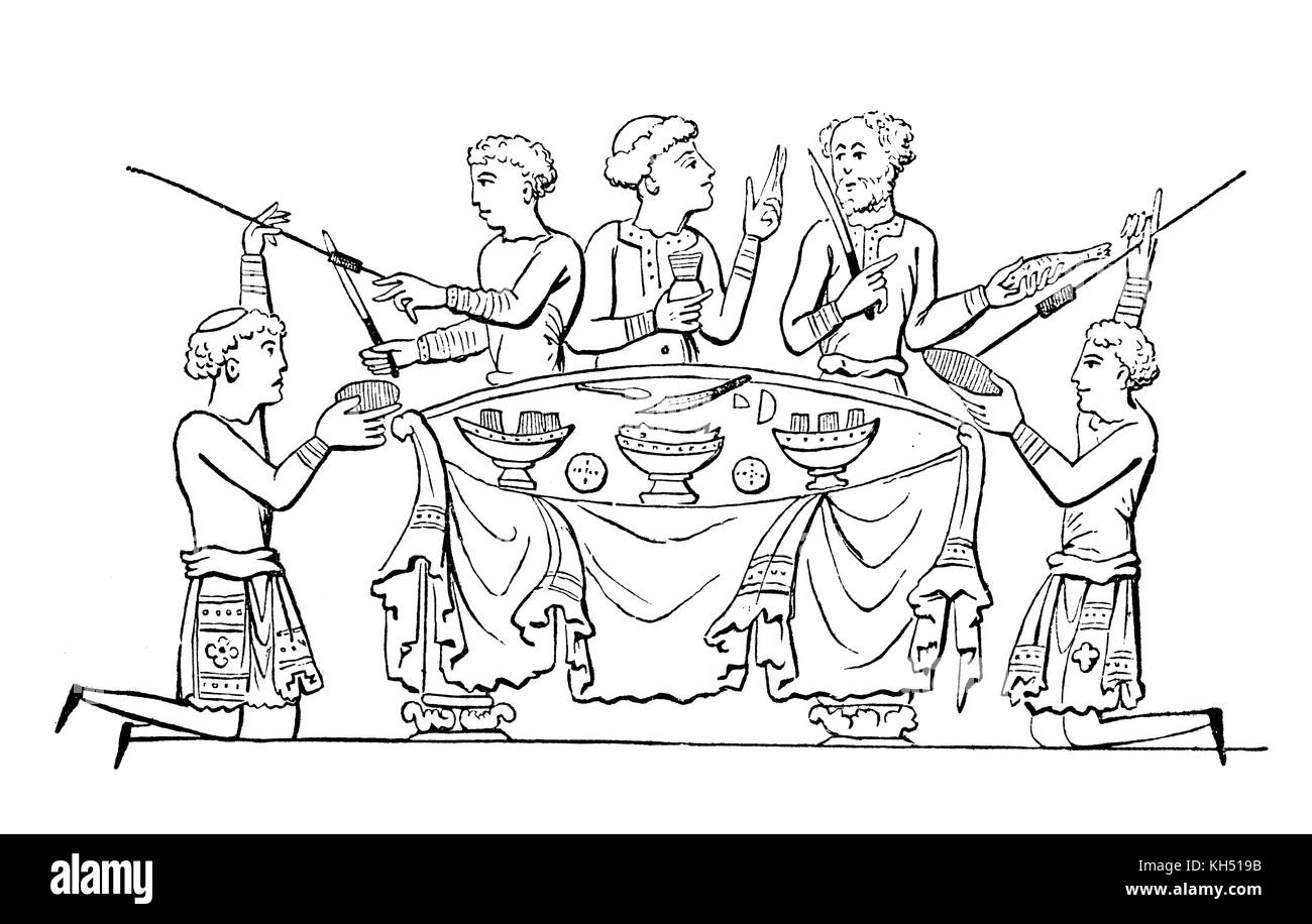 A cartoon of an Anglo Saxon dinner party in 8th Century England. Stock Photo
