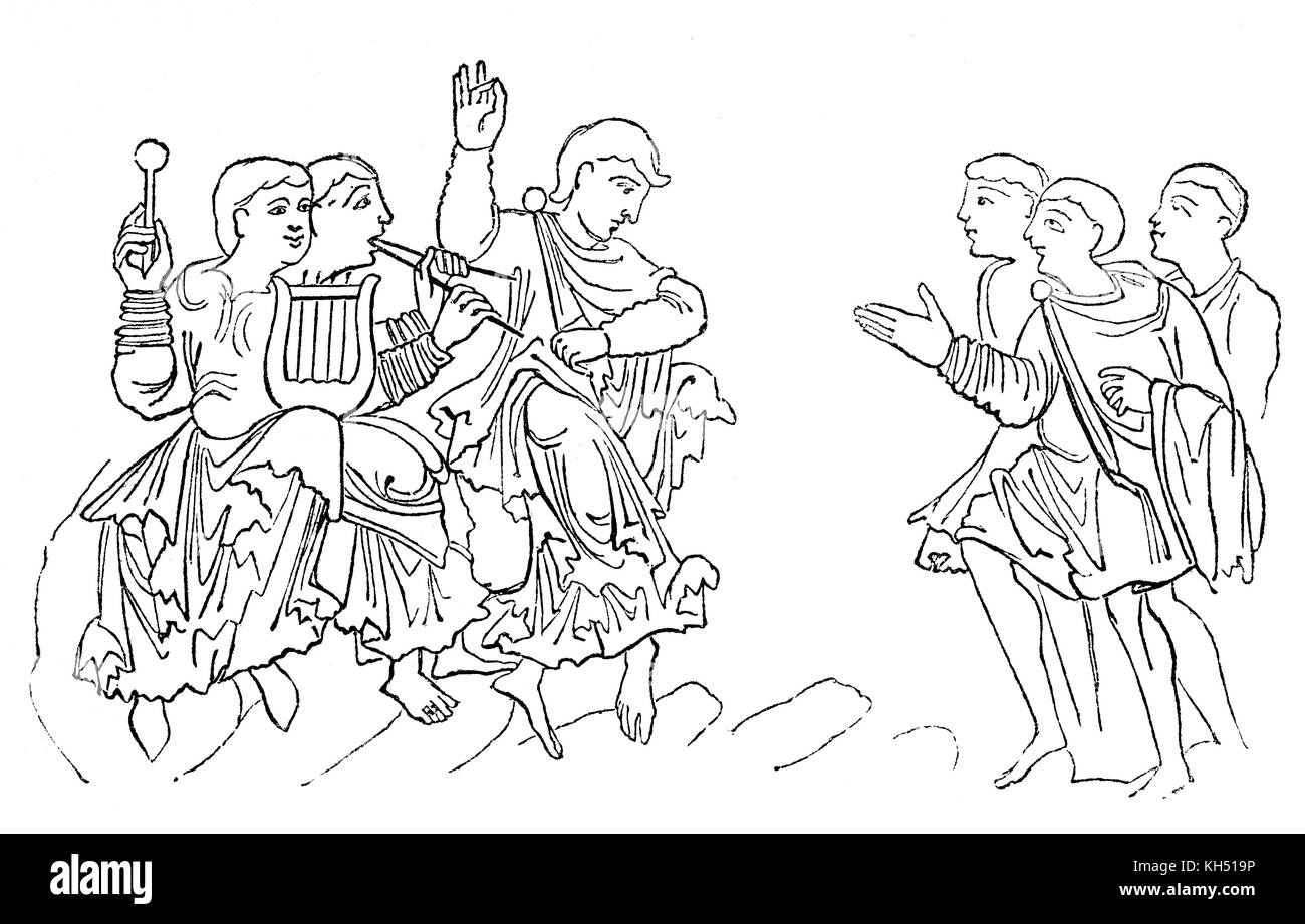 A cartoon of an Anglo Saxon's dancing in 8th Century England. Stock Photo