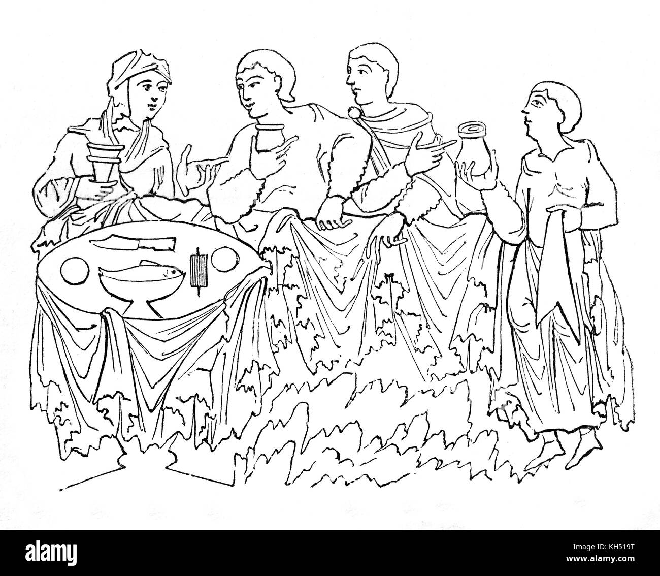 A cartoon of an Anglo Saxons drinking wine or mead and pledging (or toasting) in 8th Century England Stock Photo