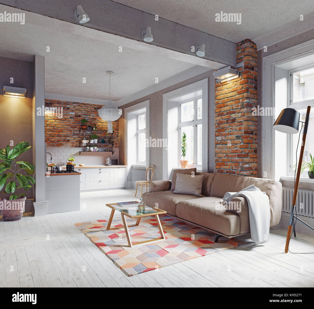 modern apartment interior. Scandinavian style design. 3d rendering ... - Scandinavian Penthouse Apartment Interior Design With Modern Architecture