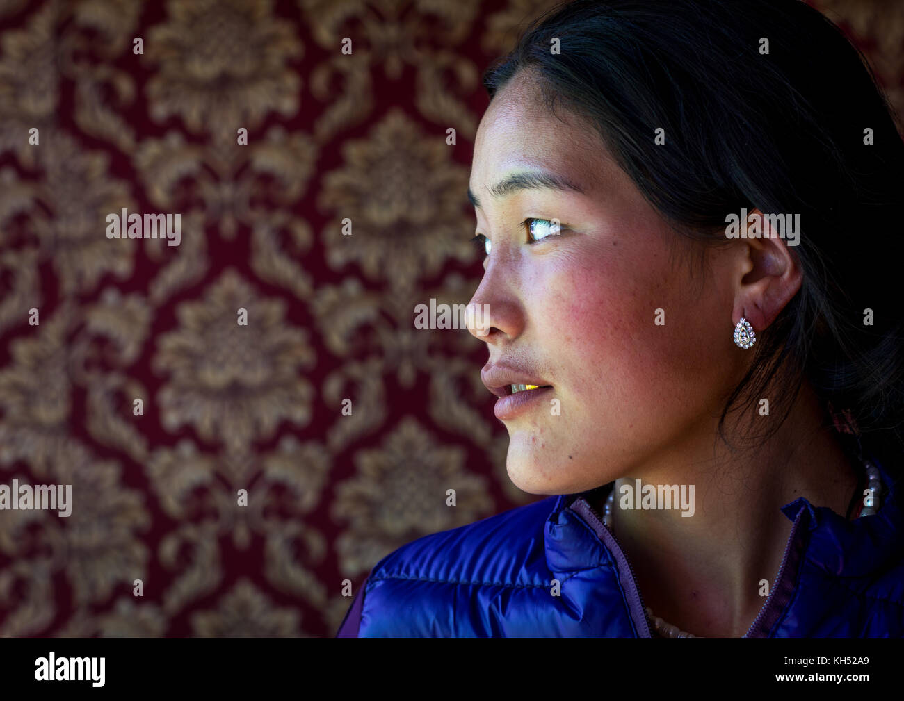 Portrait of a beautiful tibetan nomad woman, Tongren County, Longwu, China Stock Photo
