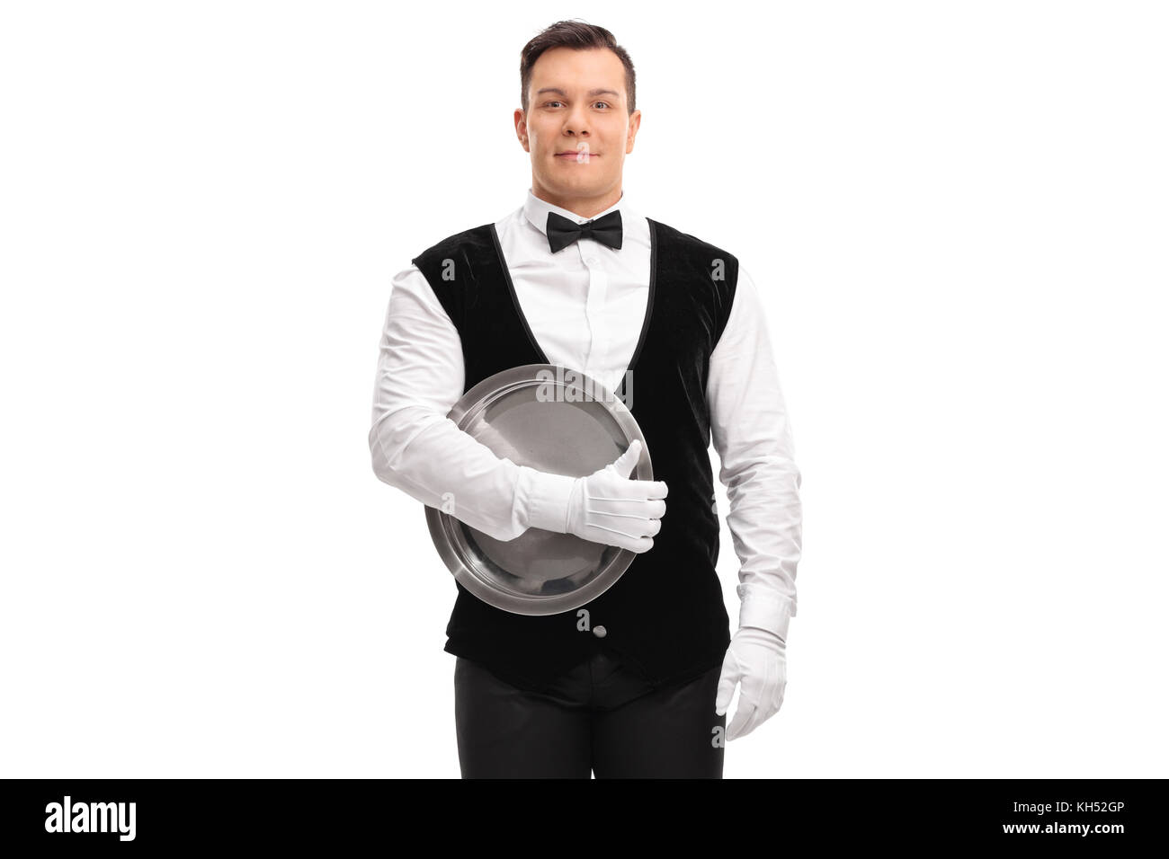 Waiter holding a tray isolated on white background Stock Photo