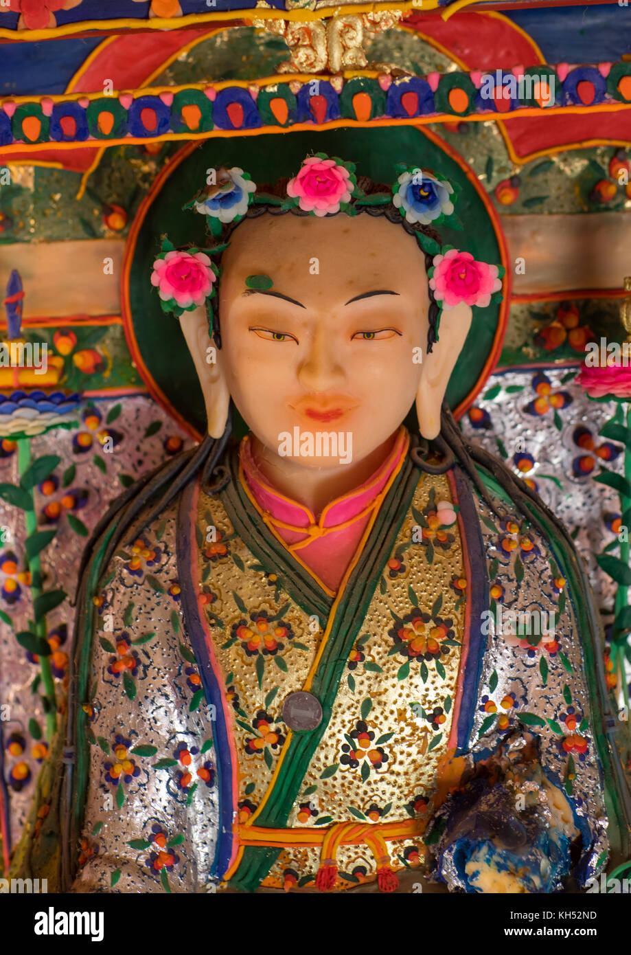 Tibetan buddhist sculptures made by monks from coloured butter in Labrang monastery, Gansu province, Labrang, China Stock Photo