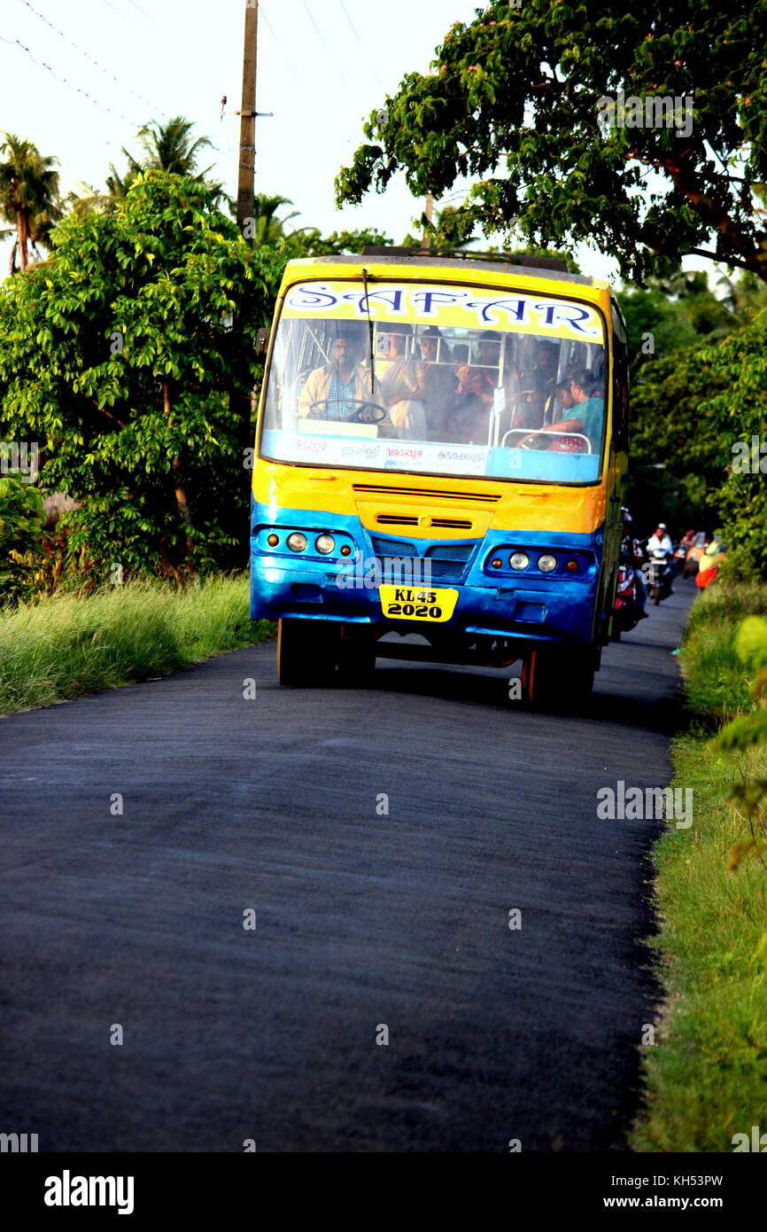 A Private bus of Kerala (Cochin) India  on one of its trips , it was taken while the bus was on the move Stock Photo