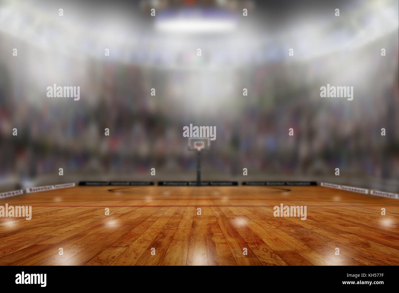 Low angle view of fictitious empty basketball arena with sports fans in the stands. Focus on foreground with deliberate shallow depth of field on back Stock Photo