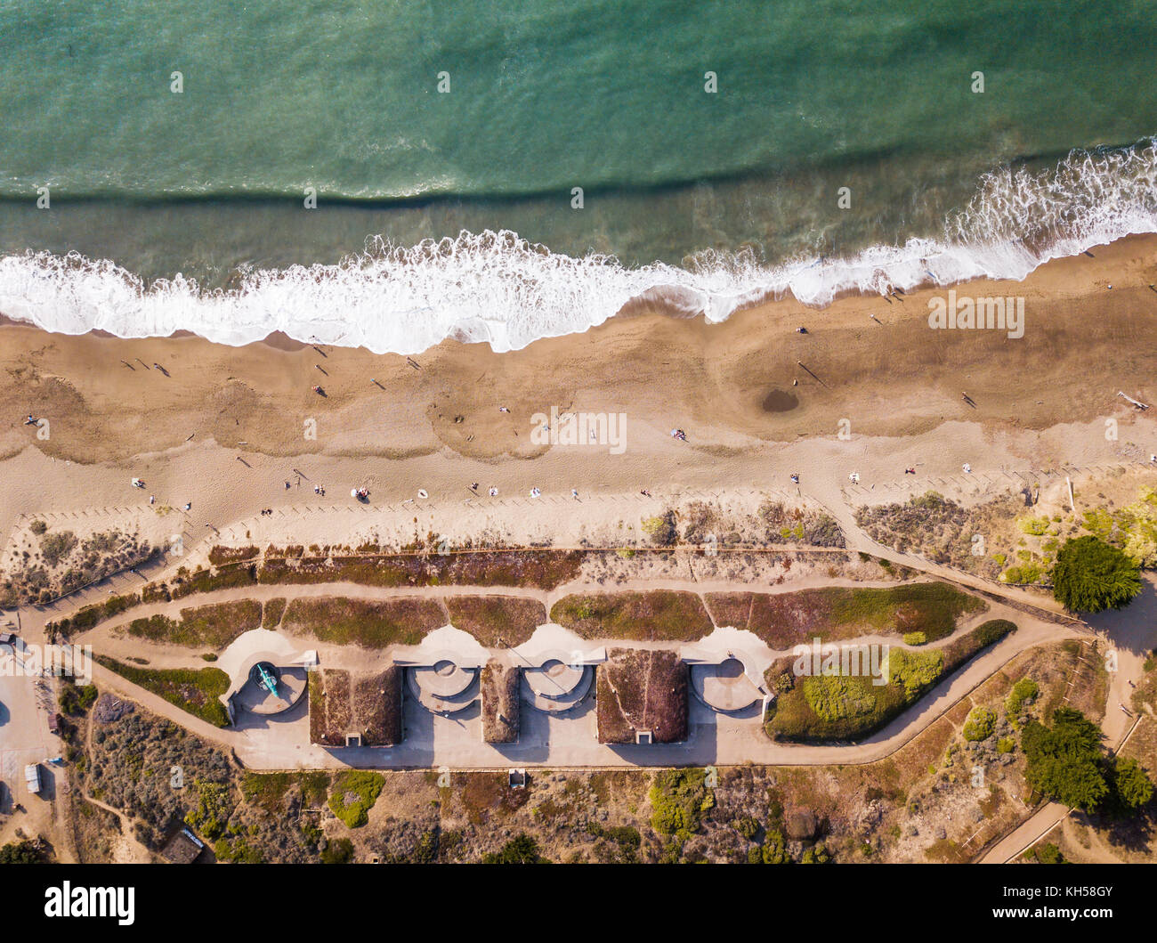 Aerial view of Baker beach next to Golden gate bridge, San francisco Stock Photo