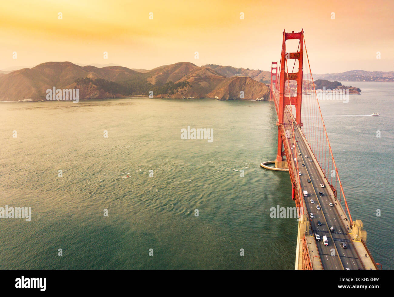 Sunset over Golden Gate bridge aerial view, San Francisco, USA Stock Photo