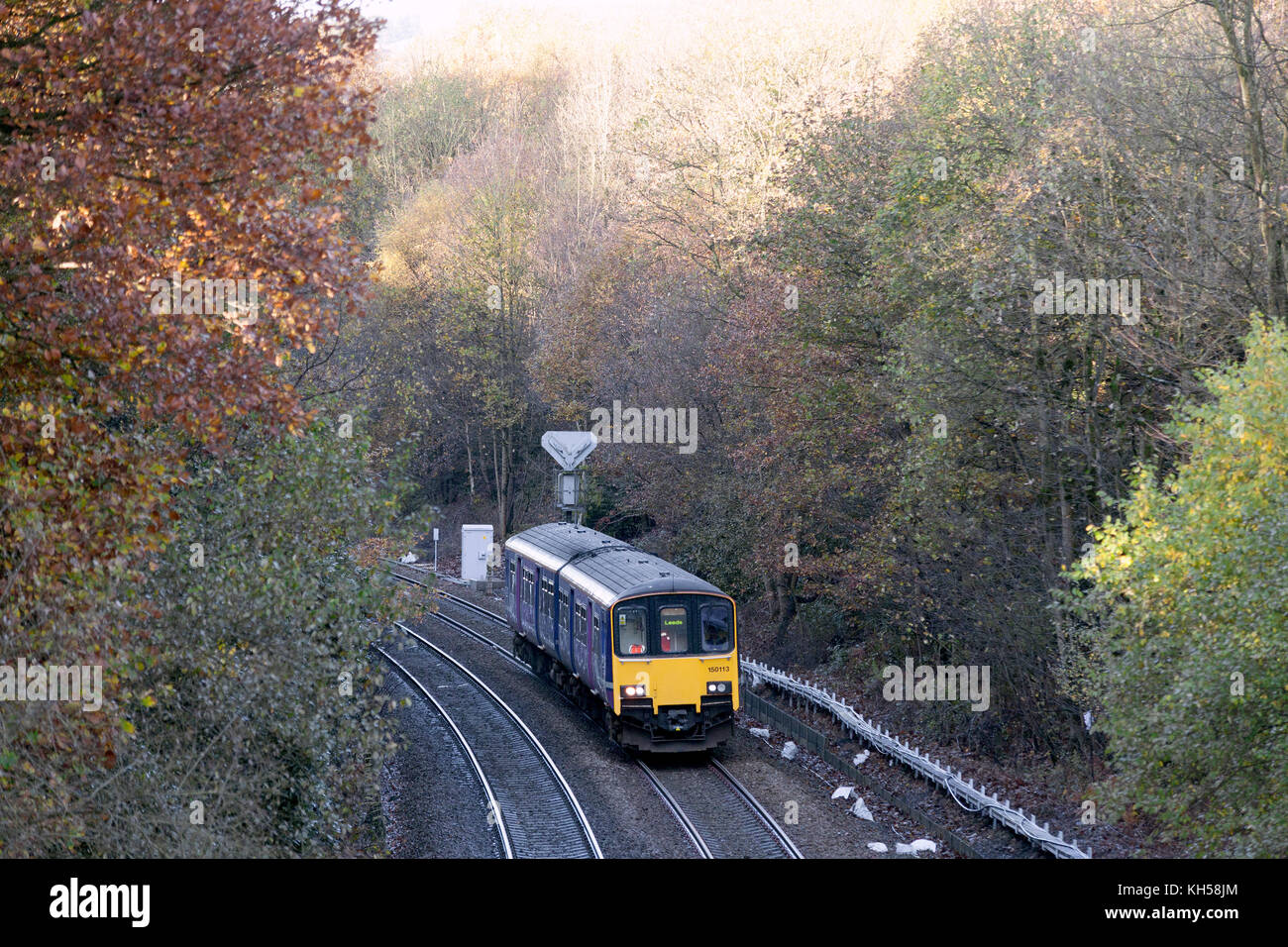 Class 150 DMU approaching Milner Royd Junction bound for Leeds, on the Calder Valley line, Sowerby Bridge, West Yorkshire Stock Photo