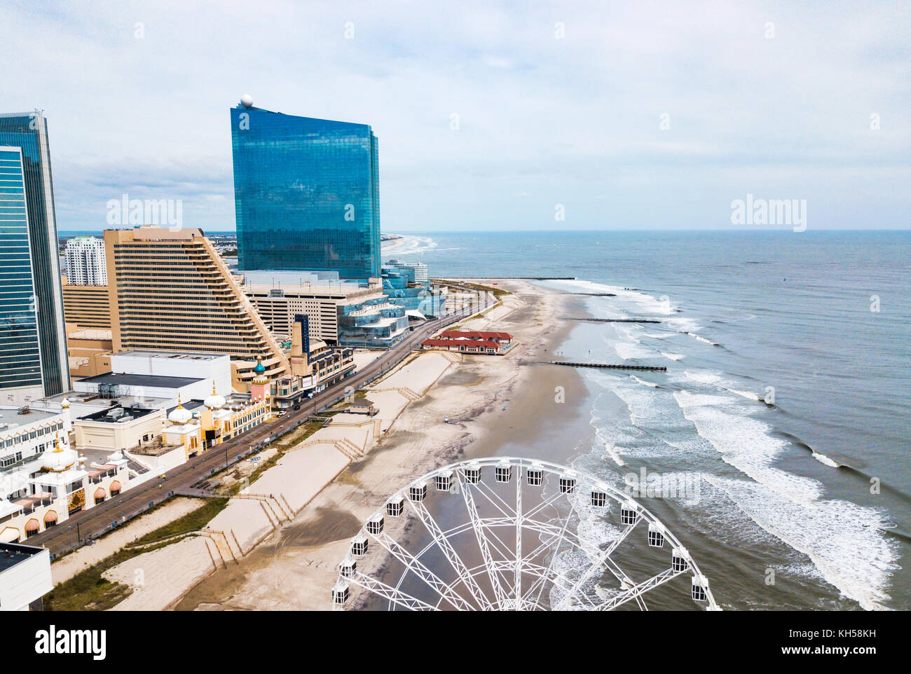 Atlantic city waterline aerial view. AC is a tourist city in New Jersey famous for its casinos, boardwalks, and beaches Stock Photo
