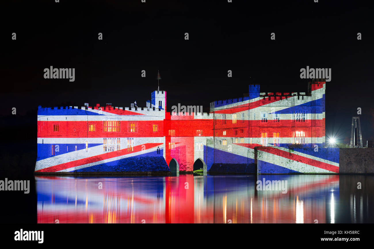 Firework display and light show at Leeds Castle, Kent Stock Photo