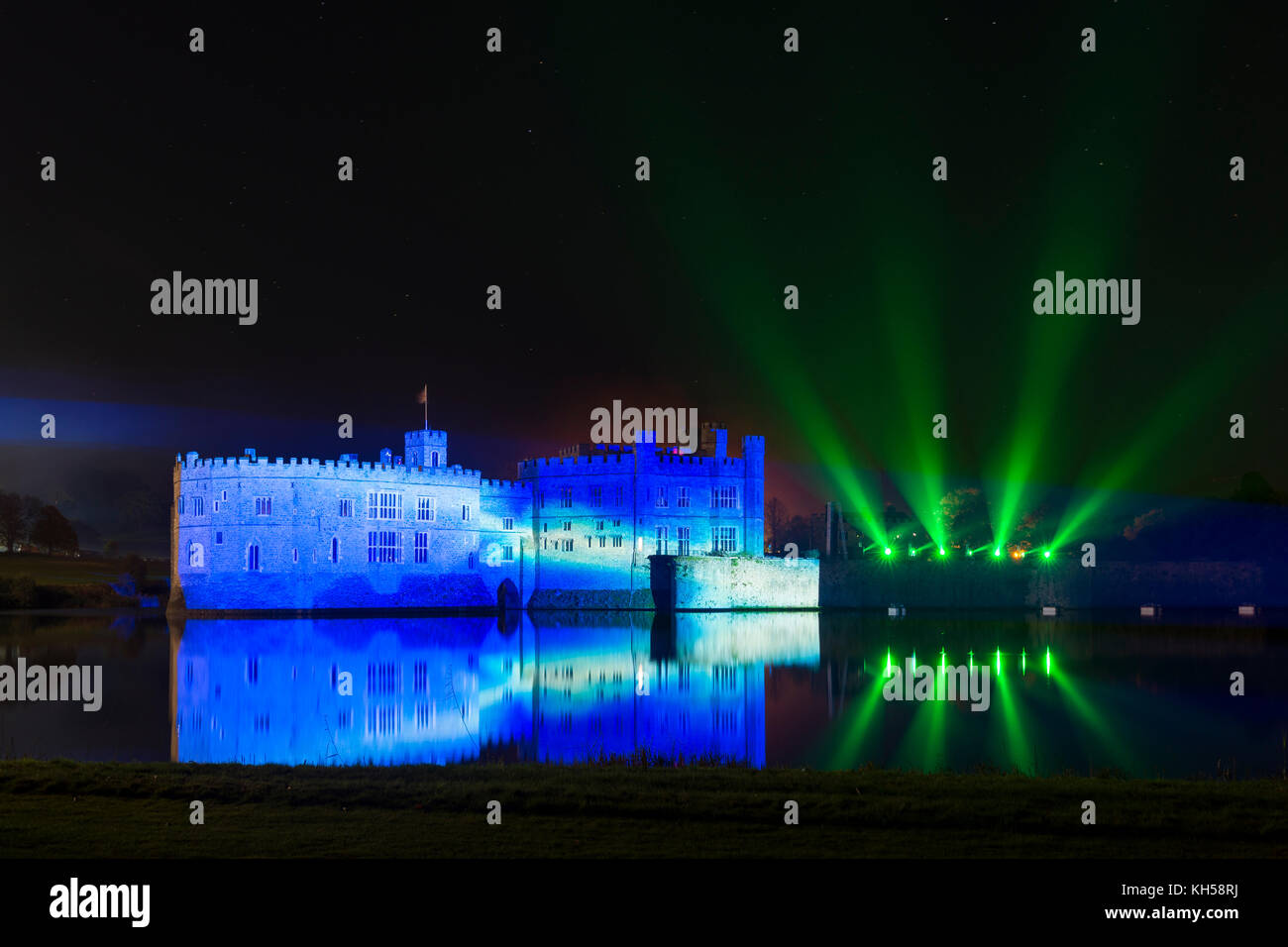 Firework display and light show at Leeds Castle, Kent Stock Photo
