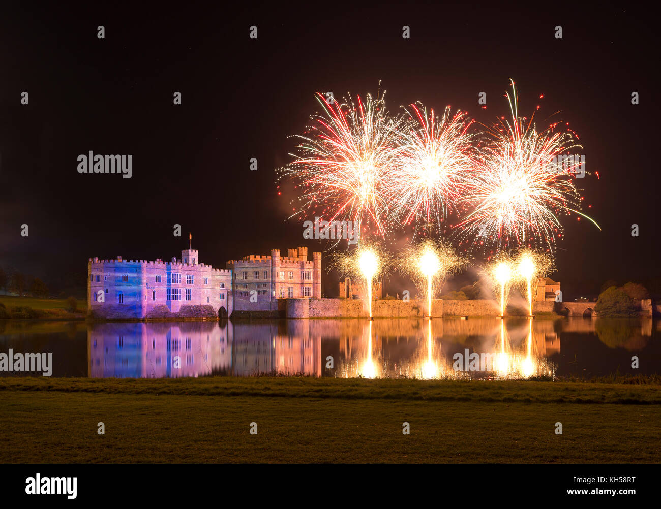 Firework display and light show at Leeds Castle, Kent Stock Photo