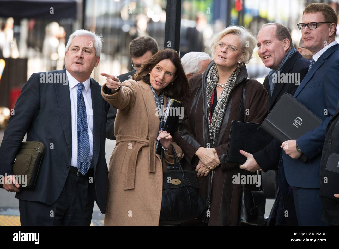 CBI President Paul Drechsler (left), CBI director general Carolyn Fairbairn (second left) and IoD director general Stephen Martin (right) arriving in Downing Street, London, where business leaders from Europe were due to meet with Prime Minister Theresa May to discuss the future of UK-EU trade post-Brexit. Stock Photo