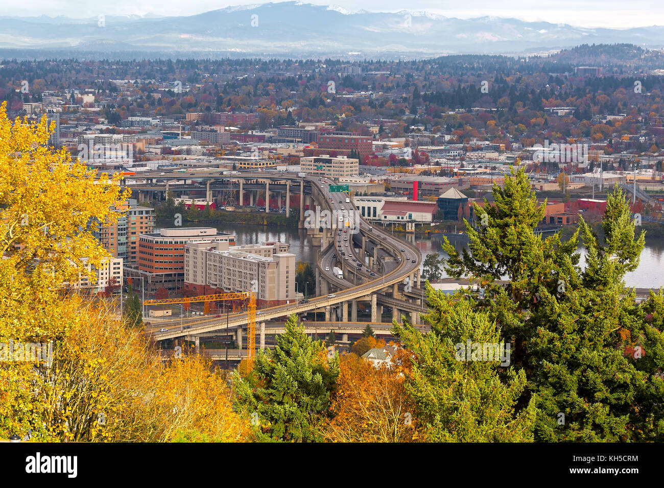 Marquam Bridge over Willamette River in Portland Oregon during fall season Stock Photo