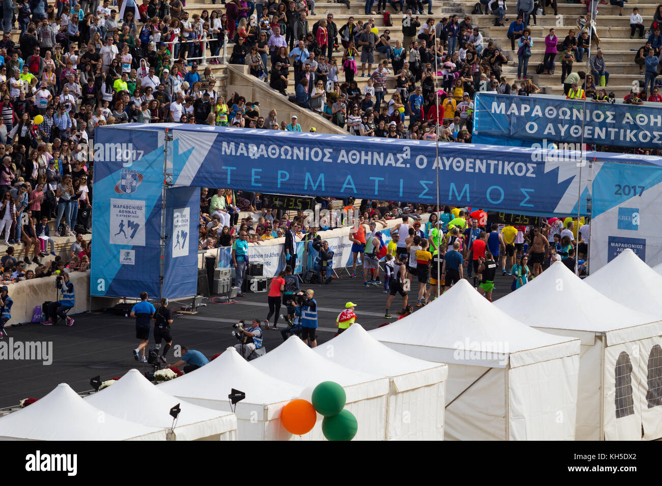 Athens, Greece November 12, 2017 Marathon runners at the finish line inside the Panathenaic
