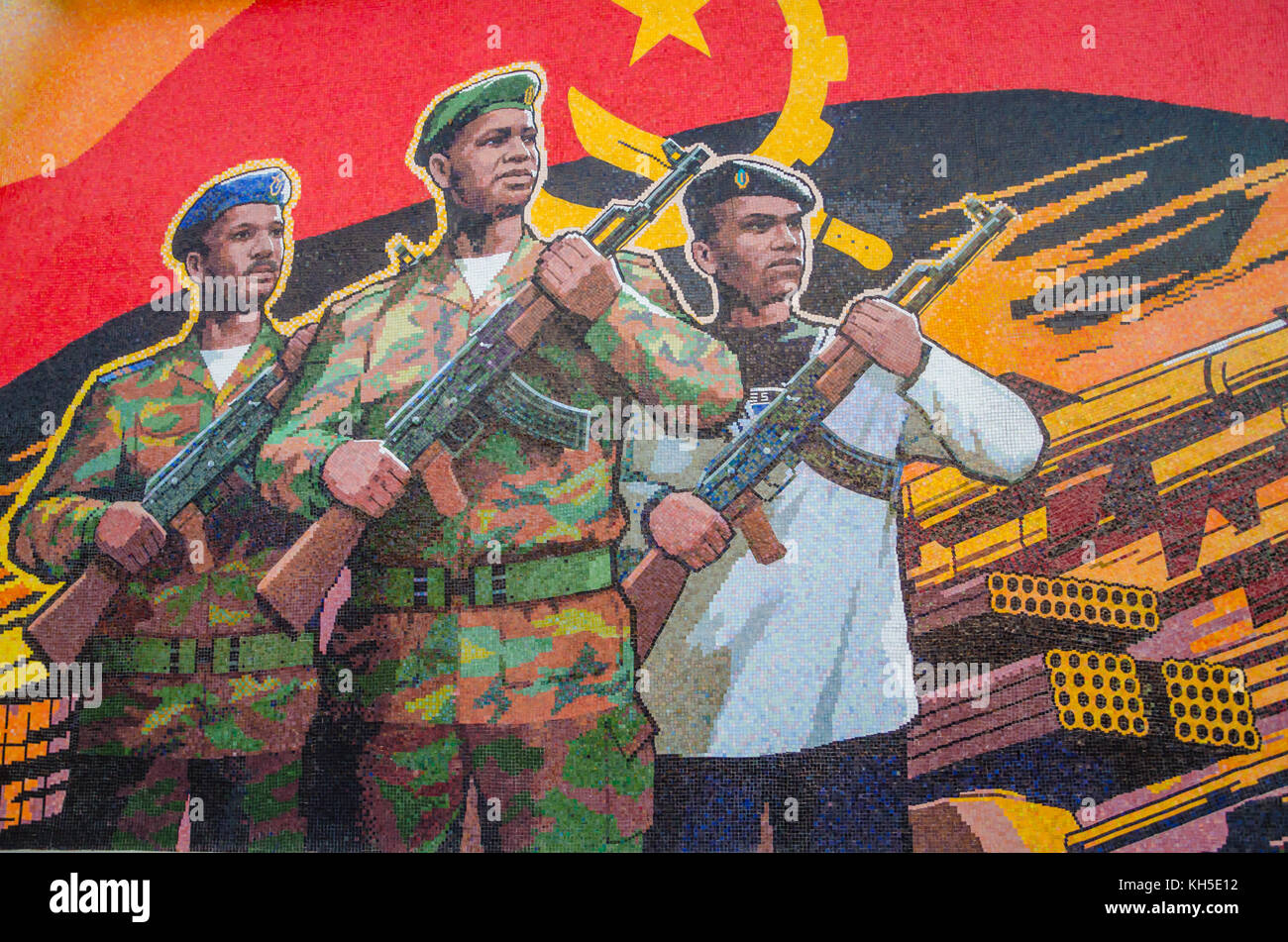 LUANDA, ANGOLA - APRIL 28 2014: Civil war memorial depicting Angolan flag and soldiers at Fortaleza de Sao Miguel Stock Photo