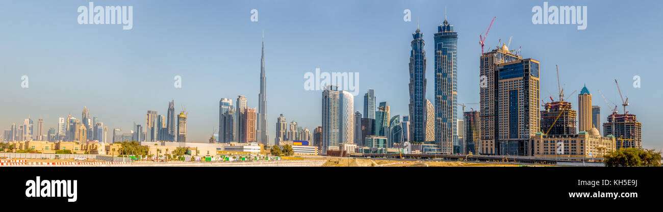 Panoramic view of Dubai's downtown skyline in January of 2016 Stock Photo