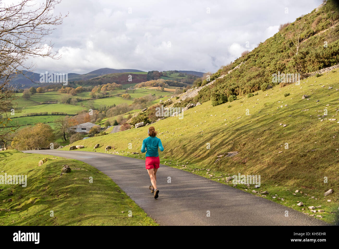 A woman running on the Offa's Dyke path near Llangollen, Denbighshire, North Wales, UK Stock Photo