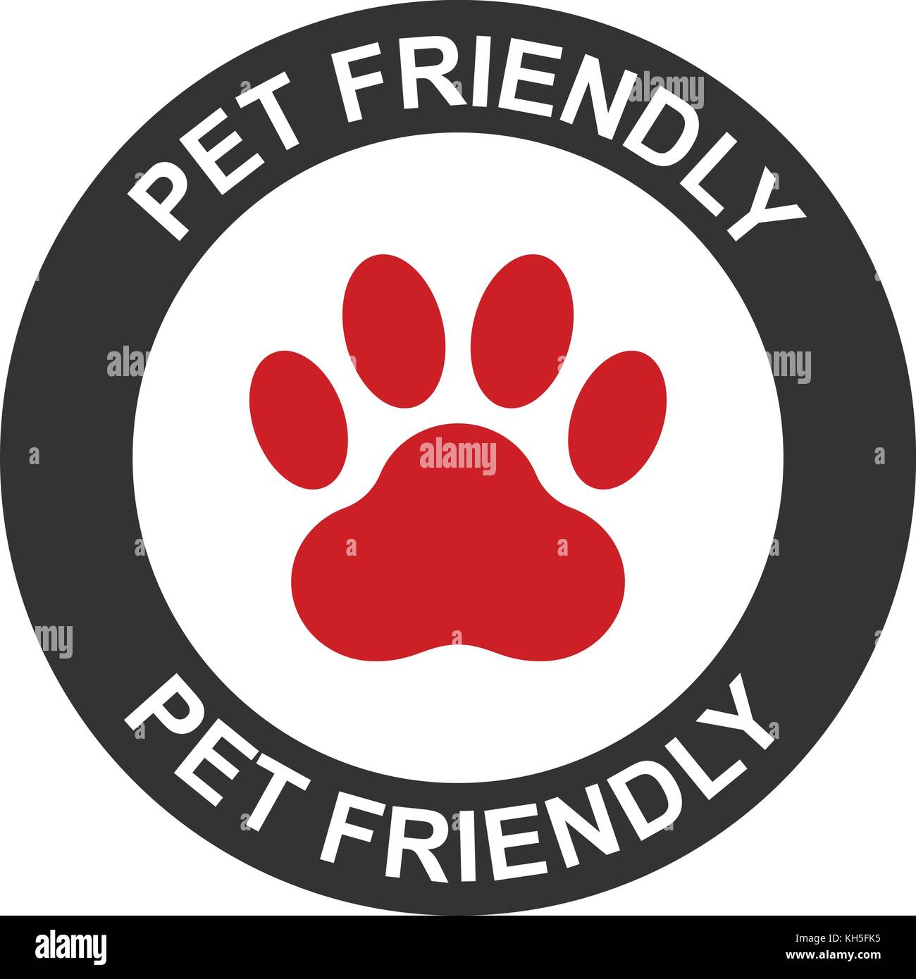 Pets allowed, pet friendly sign with red paw symbol and text, vector