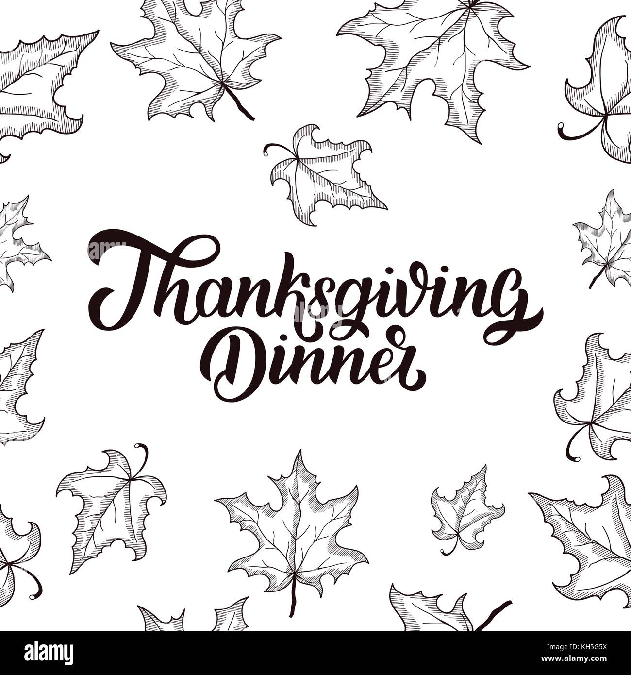 Thanksgiving Dinner brush hand lettering with maple leaves frame ...