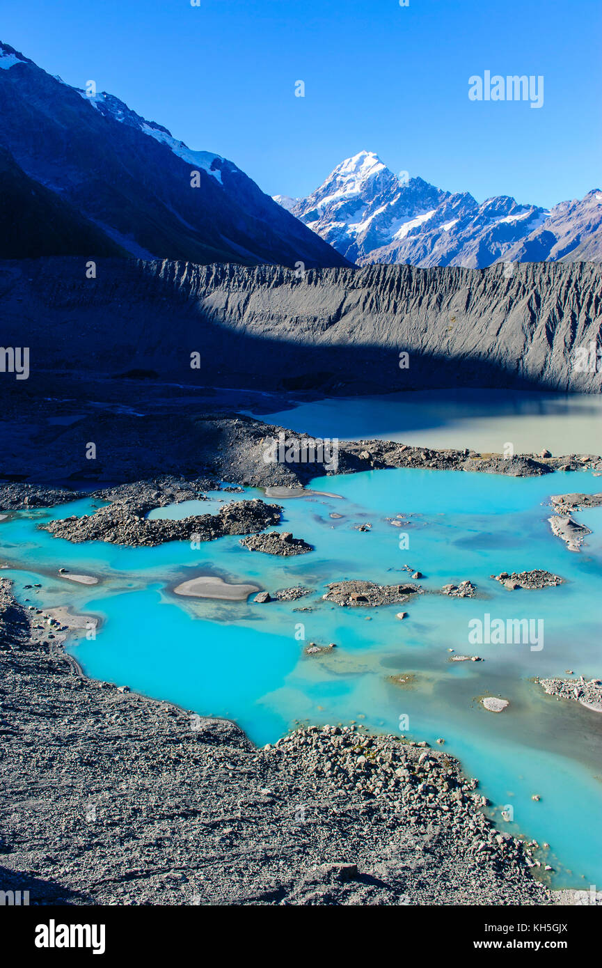 Turquoise glacier lake before Mount Cook, South Island, New Zealand Stock Photo