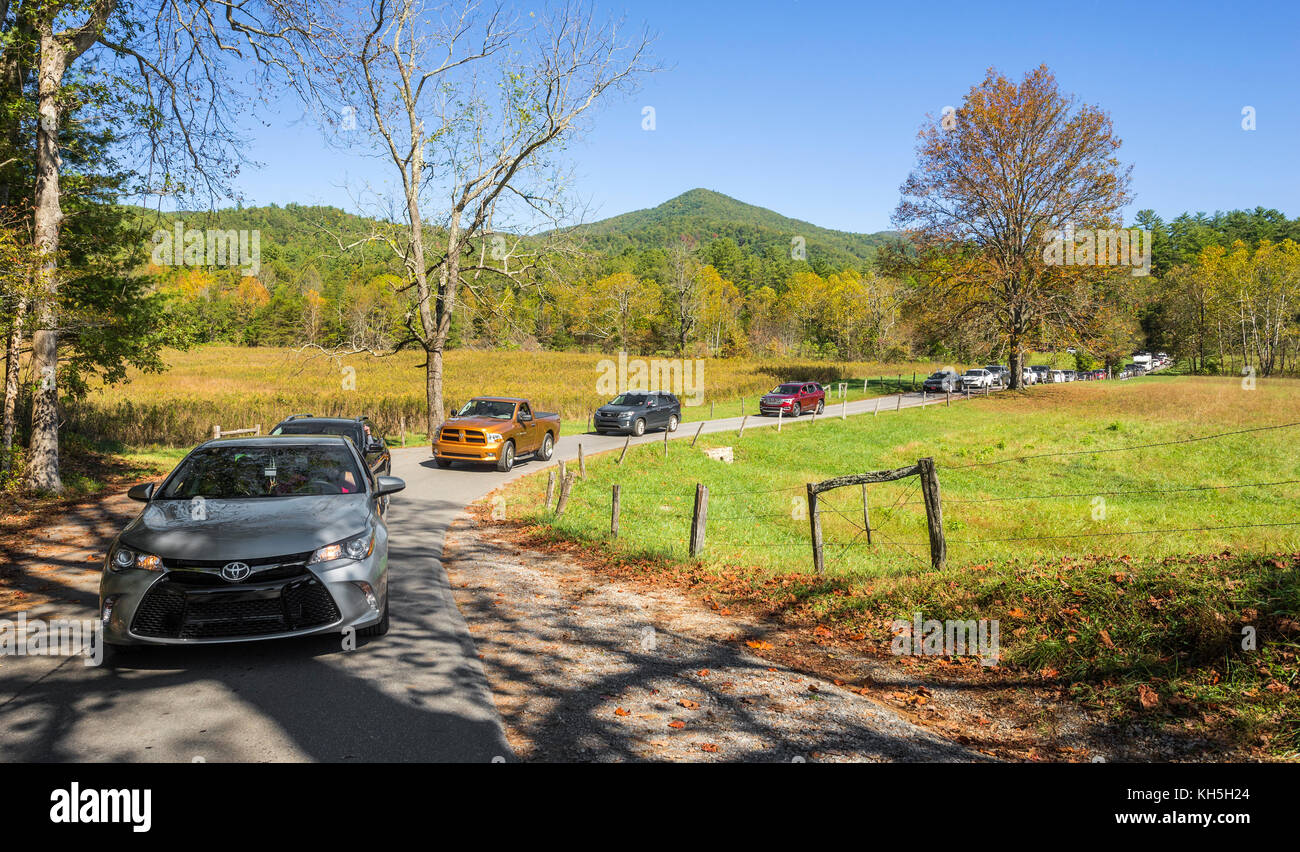 Great Smoky Mountains National Park Cades Cove Loop Road.  Traffic backed up during the Autumn 'Leaf Peepers' season . Stock Photo