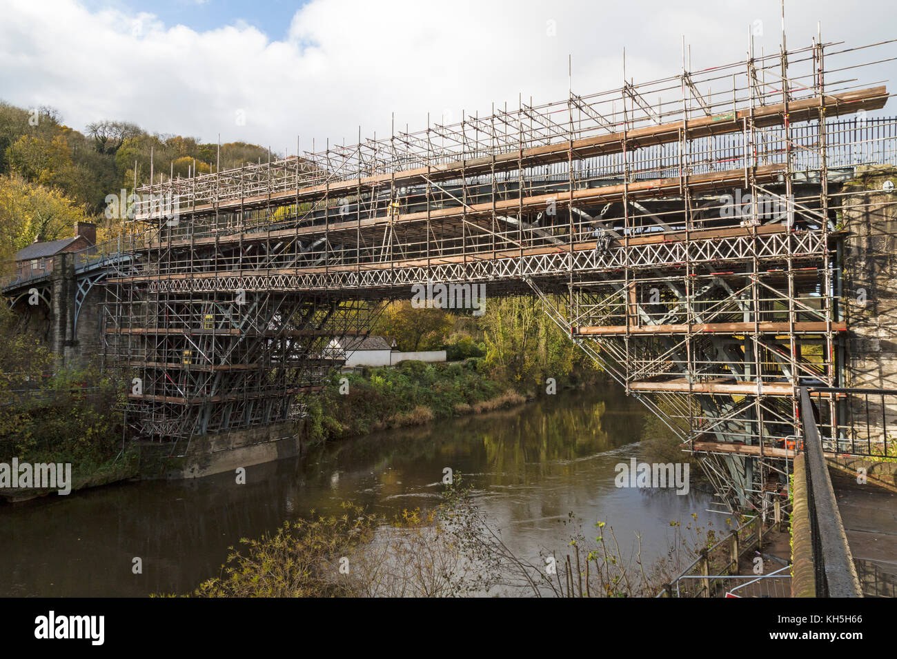 The famous Iron Bridge in the town of Ironbridge in Shropshire, England, covered in scaffolding as part of a £1.2m restoration project, November 2017. Stock Photo