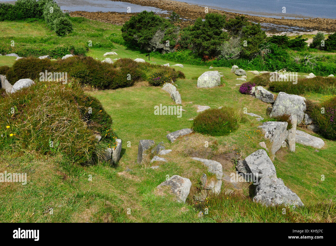 Halangy Down Ancient village,a Iron Age to Roman settlement,Neolithic 2500BC,overlooking the sea on St Mary's, Isles of Scilly, Cornwall, UK Stock Photo