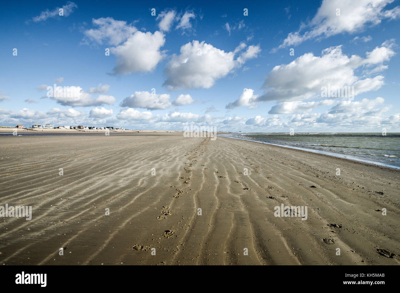 Sand blowing down the beach at low tide - Camber Sands, East Sussex, England Stock Photo