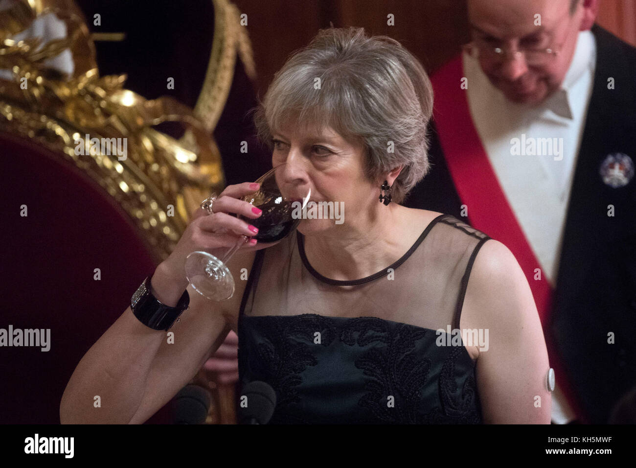 Prime Minister Theresa May after she addressed the annual Lord Mayor's Banquet at the Guildhall in London. Stock Photo
