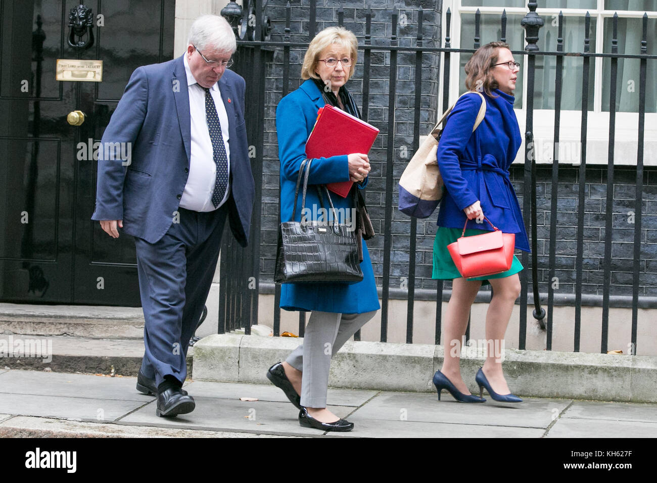 Downign Street. London, UK. 14th Nov, 2017. Andrea Leadsom, Lord President of the Council, and Leader of the House of Commons, Baroness Evans of Bowes Park, Lord Privy Seal, and Leader of the House of Lords and Sir Patrick McLoughlin, Chancellor of the Duchy of Lancaster departs from No 10 Downing Street after attending the weekly Cabinet Meeting. Credit: Dinendra Haria/Alamy Live News Stock Photo