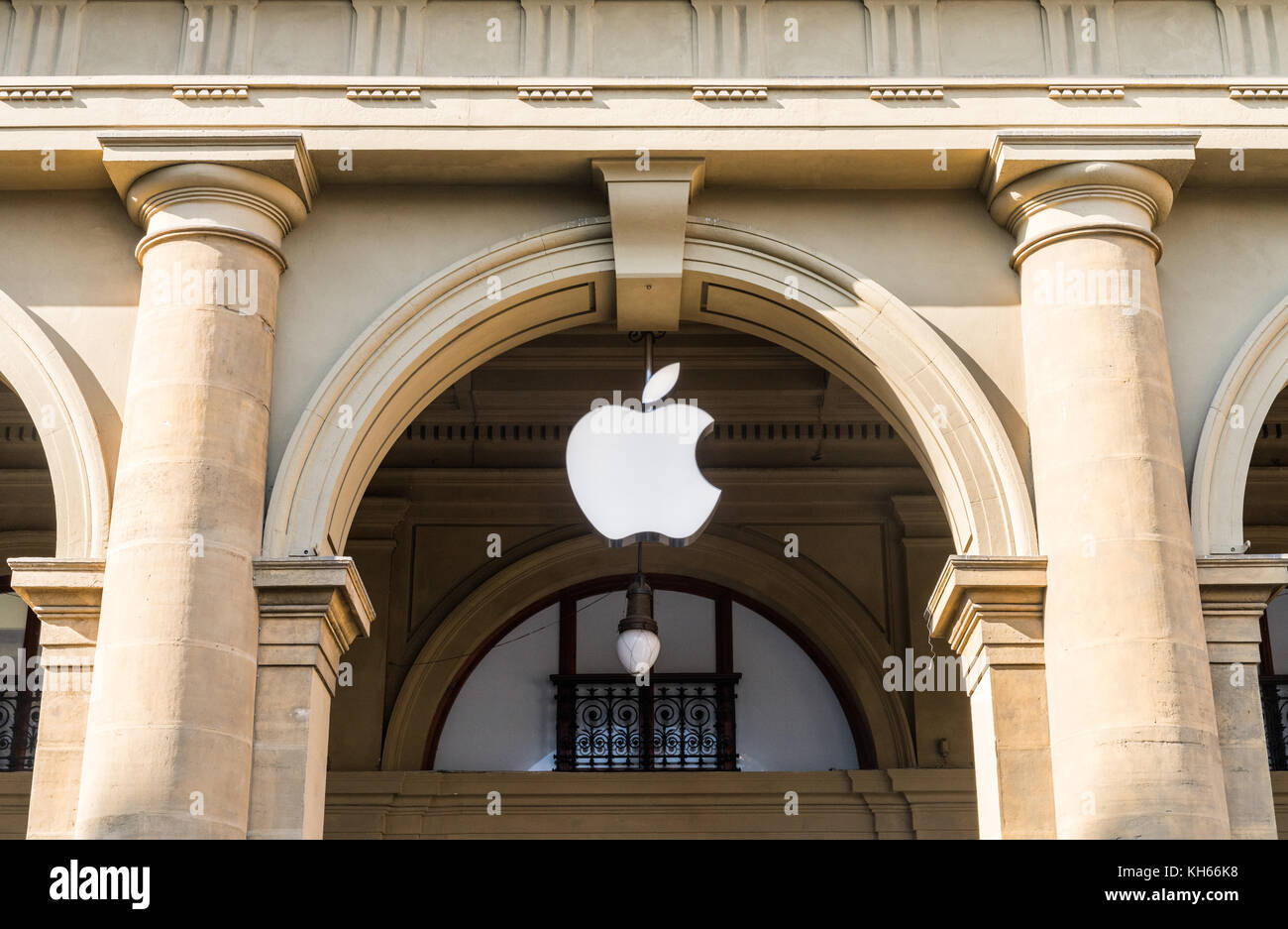 Entrance to the Apple Store in Florence, Italy with giant apple, symbol