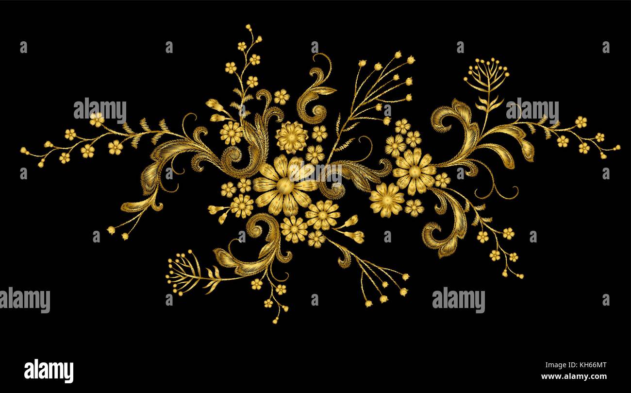 Realistic golden thread vector embroidery fashion patch. Flower rose daisy leaves vintage victorian design. Stitch texture floral arrangement clothes decoration illustration Stock Vector